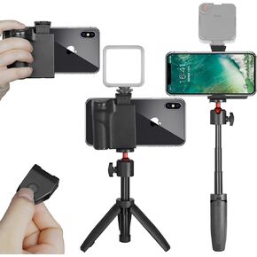 حامل قبضة كاميرا الهاتف الذكي من Taisioner مزود بحامل ثلاثي القوائم مع عصا سيلفي صغيرة وجهاز تحكم عن بعد وجيب 1/4 بوصة ومقبض ثلاثي القوائم قصير ومقبض عمود YouTube Starter Kit معدات صناعة الأفلام (أسود وأحمر) in Kuwait