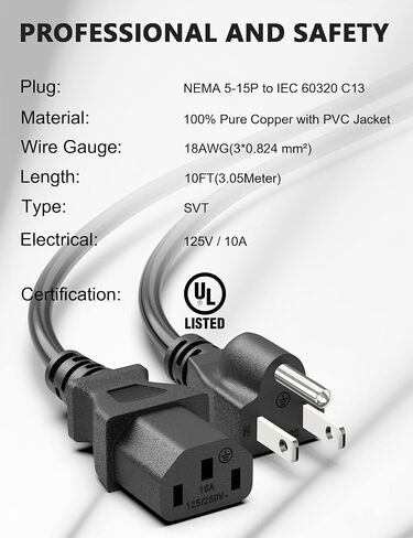 10Ft Computer Power Cord 18AWG TV Power Cord NEMA 5-15P to C13 Ac Power Cord for Tv Computer Pc Monitor Samsung Dell Vizio LG Asus Laptop Monitor Power Supply Power Cable 10A 125V Printer Power Cord in Kuwait