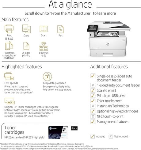 طابعة ليزر HP LaserJet Pro M426fdn متعددة الوظائف مع إيثرنت مدمج وطباعة مزدوجة (F6W14A) (متجددة) in Kuwait