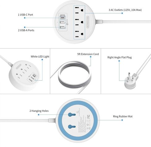 Power Strip with USB C - NTONPOWER Mountable Power Strip Flat Plug, 3 Outlets and 3 USB Ports Desktop Charging Station, 5ft Extension Cord, Compact Size for Travel, Dorm Room, Home & Office, White in Saudi Arabia