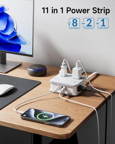 NTONPOWER 2 Prong Power Strip، 2 Prong to 3 Prong Outlet Converter، سلك تمديد ذو شقين 5 أقدام، 1875 وات/15 أمبير، قابس دوار 180 درجة، 8 منافذ 3 USB (1 USB C)، حامل حائط للمنزل القديم، النوم، المكتب الأسود in Saudi Arabia