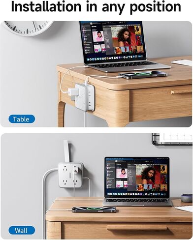 NTONPOWER 2 Prong Power Strip، 2 Prong to 3 Prong Outlet Converter، سلك تمديد ذو شقين 5 أقدام، 1875 وات/15 أمبير، قابس دوار 180 درجة، 8 منافذ 3 USB (1 USB C)، حامل حائط للمنزل القديم، النوم، المكتب الأسود in Saudi Arabia