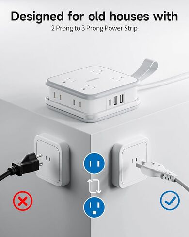 NTONPOWER 2 Prong Power Strip، 2 Prong to 3 Prong Outlet Converter، سلك تمديد ذو شقين 5 أقدام، 1875 وات/15 أمبير، قابس دوار 180 درجة، 8 منافذ 3 USB (1 USB C)، حامل حائط للمنزل القديم، النوم، المكتب الأسود in Saudi Arabia