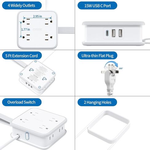 NTONPOWER 2 Prong Power Strip، 2 Prong to 3 Prong Outlet Converter، سلك تمديد ذو شقين 5 أقدام، 1875 وات/15 أمبير، قابس دوار 180 درجة، 8 منافذ 3 USB (1 USB C)، حامل حائط للمنزل القديم، النوم، المكتب الأسود in Saudi Arabia