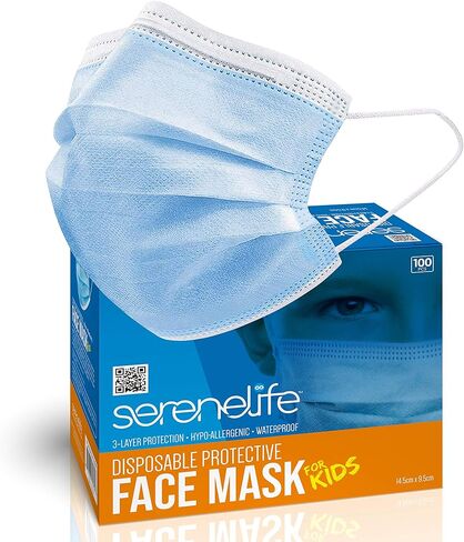 أقنعة الوجه القابل للتصرف 100 قطعة. للأطفال - أقنعة وجه قابلة للتنفس للحماية من 3 طبقات، للأطفال - SereneLife SLKDPLY100.5 in Kuwait