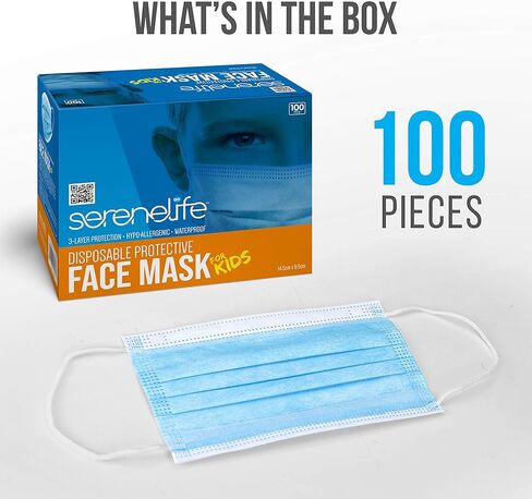 أقنعة الوجه القابل للتصرف 100 قطعة. للأطفال - أقنعة وجه قابلة للتنفس للحماية من 3 طبقات، للأطفال - SereneLife SLKDPLY100.5 in Kuwait