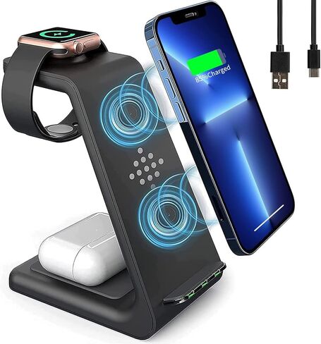 شاحن لاسلكي 3 في 1، شاحن ساعة للساعة 6/SE/5/4/3/2، محطة شحن لأجهزة متعددة لبودات برو/2/هاتف 13/13 برو/13 برو ماكس/12/12 برو/12 برو ماكس/11/SE/X/XR/XS/8 بلس in Kuwait