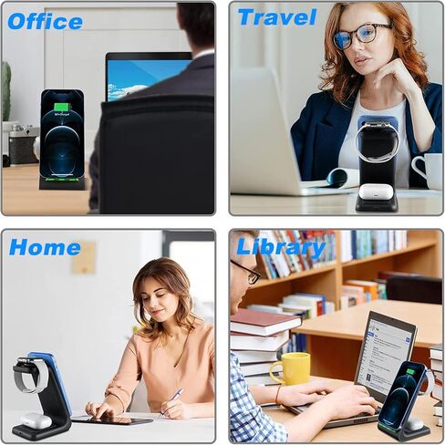 شاحن لاسلكي 3 في 1، شاحن ساعة للساعة 6/SE/5/4/3/2، محطة شحن لأجهزة متعددة لبودات برو/2/هاتف 13/13 برو/13 برو ماكس/12/12 برو/12 برو ماكس/11/SE/X/XR/XS/8 بلس in Kuwait