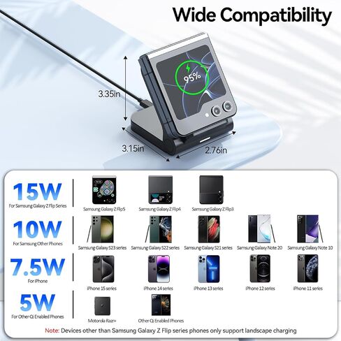 شاحن لاسلكي لهاتف Samsung Galaxy Z Flip، حامل شاحن محمول سريع 15 وات لهاتف Samsung Galaxy Z Flip 5/Z Flip 4/Z Flip 3، S23/S22/S21/S20، Note 20/10، 5 وات لموتورولا Razr+، غير قابل للطي ( لا يوجد محول) in Kuwait