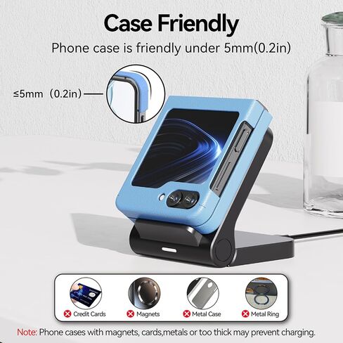 شاحن لاسلكي لهاتف Samsung Galaxy Z Flip، حامل شاحن محمول سريع 15 وات لهاتف Samsung Galaxy Z Flip 5/Z Flip 4/Z Flip 3، S23/S22/S21/S20، Note 20/10، 5 وات لموتورولا Razr+، غير قابل للطي ( لا يوجد محول) in Kuwait