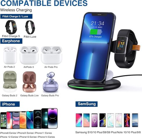 Yoshimitsu 3 in 1 Journey Charger for Fitbit Charge 5/Fitbit Luxe, Wireless Charger for iphone14/13/Samsung Galaxy S23, AirPods Pro, Galaxy Buds Pro, Other Wireless Charging Phones or Earbuds (Black in Saudi Arabia