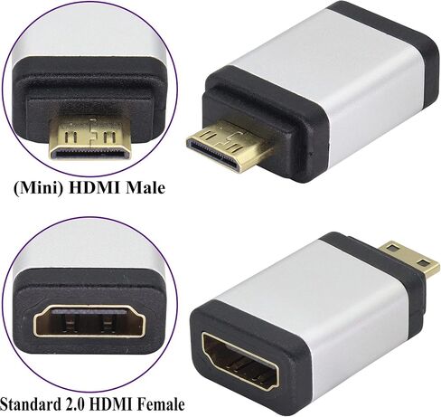 وصلة AAOTOKK Mini HDMI إلى HDMI HDMI أنثى إلى Mini HDMI ذكر موسع منفذ HDMI من سبائك الألومنيوم موصل HDMI صغير للكاميرا، كاميرا الفيديو، بطاقة الرسومات، الكمبيوتر المحمول، الكمبيوتر اللوحي، HDTV، جهاز العرض (2 حزمة/فضي) in Kuwait