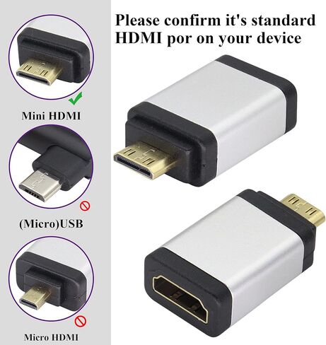 وصلة AAOTOKK Mini HDMI إلى HDMI HDMI أنثى إلى Mini HDMI ذكر موسع منفذ HDMI من سبائك الألومنيوم موصل HDMI صغير للكاميرا، كاميرا الفيديو، بطاقة الرسومات، الكمبيوتر المحمول، الكمبيوتر اللوحي، HDTV، جهاز العرض (2 حزمة/فضي) in Kuwait
