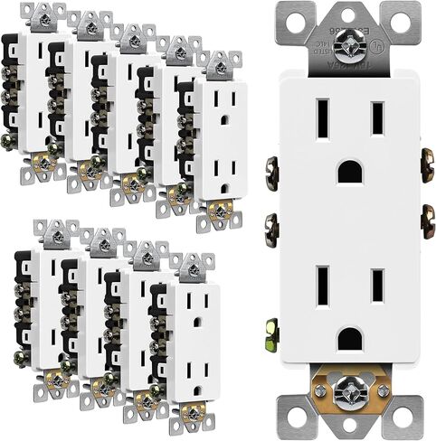 وعاء ديكور ENERLITES، منفذ درجة سكنية، 15 أمبير 125 فولت، أرضي ذاتي، 2 قطب، 3 أسلاك، 5-15R، مدرج في قائمة UL، 61501-W-10PCS، أبيض، 10 عبوات، لوحة الحائط غير متضمنة in Kuwait