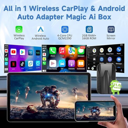 محول CarPlay اللاسلكي مع Netflix YouTube Google Play، محول Android Auto اللاسلكي لسيارات CarPlay السلكية في المصنع، صندوق CarPlay Ai، واي فاي 5 جيجا هرتز، بطاقة TF، النسخ المتطابق، لهاتف iPhone/Android in Kuwait