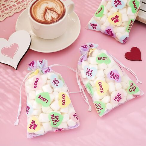 Whaline 80Pcs Valentine's Day Organza Bags Drawstring Conversation Heart Sheer Gift Bags Colorful Jewelry Gift Bags Candy Treat Bags for Wedding Anniversary Party Favor Supplies in Saudi Arabia