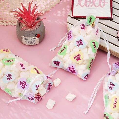 Whaline 80Pcs Valentine's Day Organza Bags Drawstring Conversation Heart Sheer Gift Bags Colorful Jewelry Gift Bags Candy Treat Bags for Wedding Anniversary Party Favor Supplies in Saudi Arabia