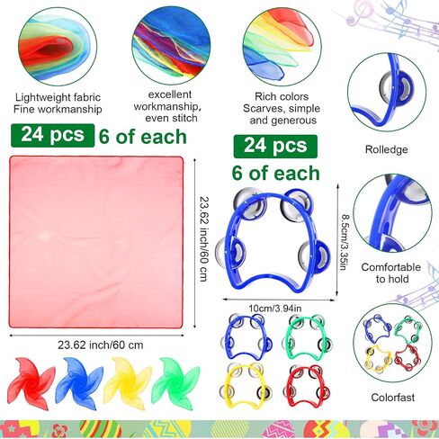 Fiada 168 Pcs Musical Instruments Learning Percussion Toys Includes 24 Egg Shakers 24 Small Sand Hammers 24 Hand Clappers 24 Wooden Rhythm Sticks 24 Hand Bells 24 Handheld Cymbals 24 Dance Scarves in Saudi Arabia