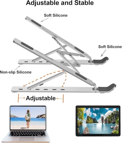 لاسيتو حامل قابل للطي والتعديل للابتوب والشاشة المحمولة والتابلت (10-17 انش) حامل لابتوب مبتكر مصنوع من خليط معدني من الالومنيوم لحامل نوت بوك، فضي in Kuwait