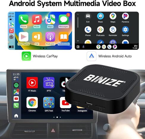 Binize محول Carplay اللاسلكي Android Auto Wireless Magic Box جهاز بث للسيارة Carplay Ai Box نظام Android صندوق فيديو الوسائط المتعددة Stream Netflix/YouTube/Spotify Plug&Play in Kuwait