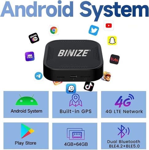 Binize محول Carplay اللاسلكي Android Auto Wireless Magic Box جهاز بث للسيارة Carplay Ai Box نظام Android صندوق فيديو الوسائط المتعددة Stream Netflix/YouTube/Spotify Plug&Play in Kuwait
