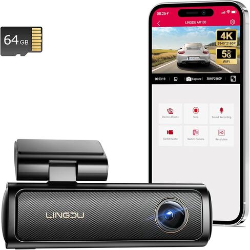LINGDU AM100 4K Full UHD Dash Cam مدمجة في ADAS، كاميرا داش أمامية للسيارات مع واي فاي 5 جيجا هرتز، GPS، بطاقة SD مجانية 64 جيجا بايت، رؤية ليلية فائقة، WDR، التحكم الصوتي، تسجيل حلقة، مستشعر G، وضع انتظار السيارات 24 ساعة in Kuwait