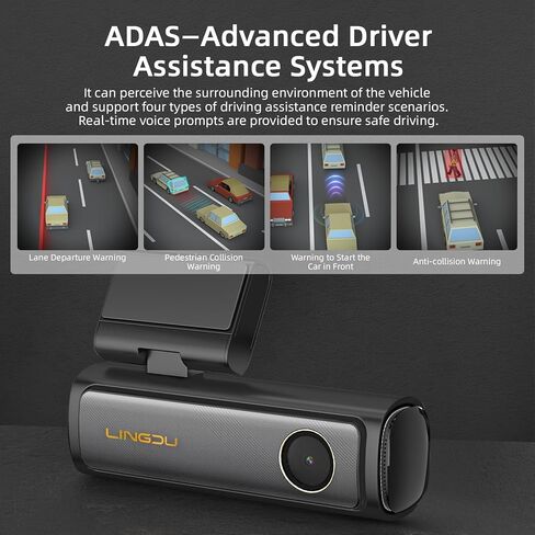 LINGDU AM100 4K Full UHD Dash Cam مدمجة في ADAS، كاميرا داش أمامية للسيارات مع واي فاي 5 جيجا هرتز، GPS، بطاقة SD مجانية 64 جيجا بايت، رؤية ليلية فائقة، WDR، التحكم الصوتي، تسجيل حلقة، مستشعر G، وضع انتظار السيارات 24 ساعة in Kuwait