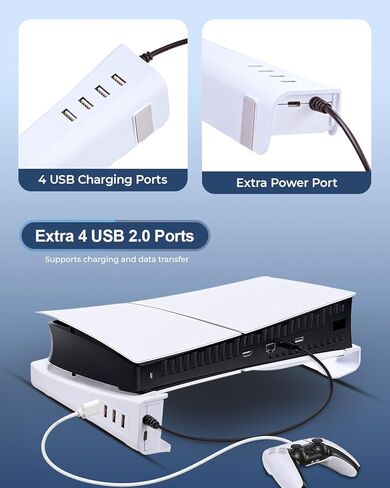 JZW-Shop Horizontal Stand for PS5 Slim Console with 4 USB Ports, PS5 Slim Accessories Base Stand with 4 Ports USB Hub for Sync & Charge, Desk Stand Compatible with PS5 Slim Disc & Digital Edition in Kuwait