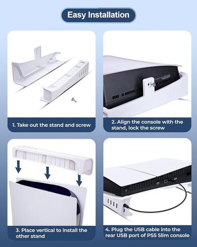 JZW-Shop Horizontal Stand for PS5 Slim Console with 4 USB Ports, PS5 Slim Accessories Base Stand with 4 Ports USB Hub for Sync & Charge, Desk Stand Compatible with PS5 Slim Disc & Digital Edition in Kuwait