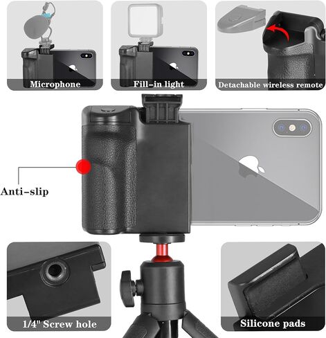 حامل قبضة كاميرا الهاتف الذكي من Taisioner مزود بحامل ثلاثي القوائم مع عصا سيلفي صغيرة وجهاز تحكم عن بعد وجيب 1/4 بوصة ومقبض ثلاثي القوائم قصير ومقبض عمود YouTube Starter Kit معدات صناعة الأفلام (أسود وأحمر) in Kuwait