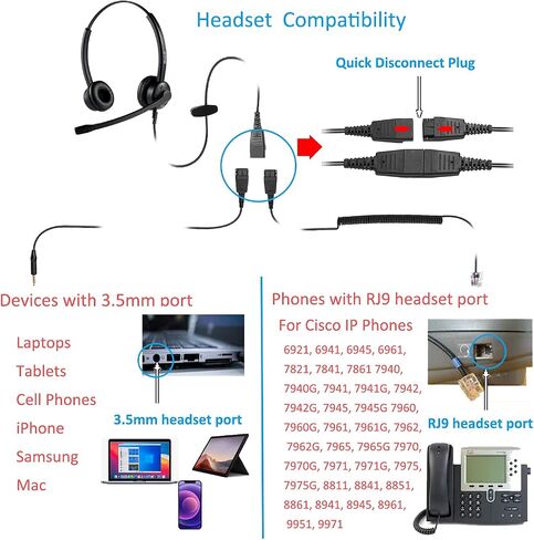 سماعة مكتب MAIRDI مع مقبس RJ9 لهاتف Cisco، سماعة هاتف بكلتا الأذنين مع ميكروفون عازل للضوضاء للهاتف المكتبي الثابت في مركز الاتصال، بما في ذلك مقبس 3.5 مم للهاتف الخلوي والكمبيوتر المحمول in Kuwait