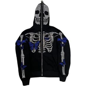 سترة بغطاء للرأس بهيكل عظمي للرجال والنساء من Kaipiclos بغطاء للرأس بسحاب كامل على الوجه، سترة كبيرة الحجم برسومات جمجمة وحجر الراين in Kuwait