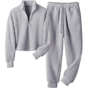 LTSCNRM Womens Fuzzy Pajamas Sets Lounge Fluffy Fleece Sleepwear Zip Up Pullover Pockets