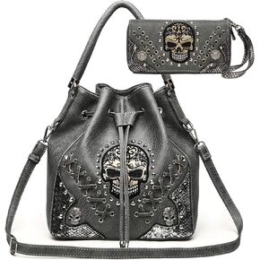 Punk Gothic Rock Metallic Skull Rivet Studded Skeleton Purse Sugar Skull Women Handbag Fashion Shoulder Bag Wallet Set