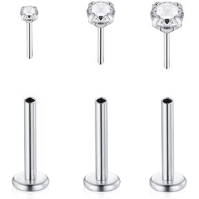 Implant Grade G23 Titanium Lip Studs 2mm 3mm 4mm 3Pcs/6Pcs Cubic Zirconia/Ball Labret Monroe Lip Rings Set 16G 8mm/10mm Helix Nail Cartilage Tragus Threadless Push-in Flat Back Nose Stud Ring Earring Piercing Jewelry