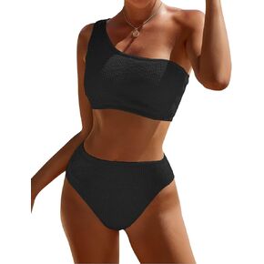 One Shoulder Bikini Sets for Women High Waisted Full Coverage Swimsuit Ribbed Push Up Two Pieces Bathing Suits in Saudi Arabia