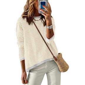 ANRABESS Womens Sweaters Crewneck Long Sleeve Striped Color Block Casual Knitted Pullover 2023 Fall Fashion Tops