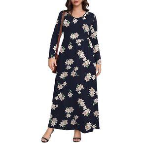 Askyes Womens Plus Size Maxi Dresses Long Sleeve Casual V Neck 2023 Fall Winter Soft Loose Fit T-Shirt Dress with Pockets in Kuwait