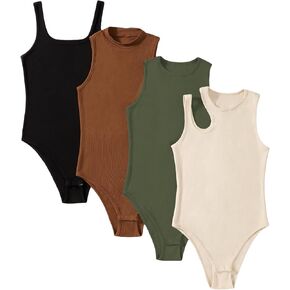 Milumia Women's 4 Piece Bodysuit Ribbed Sleeveless Crewneck Solid Basic Bodysuits
