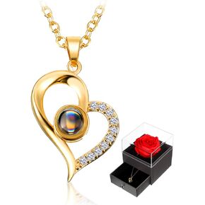 Hicarer I Love You Necklace 100 Languages Projection Heart Pendant Necklace with Red Rose Jewelry Storage Box for Women Girls Christmas Mother's Day Valentine's Day Wedding Birthday