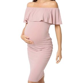 KIM S Off Shoulder Ruffle Sleeveless Maternity Dress(S-XXL), Bodycon Dress for Baby Shower Photoshoot