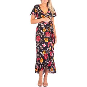 Mother Bee Maternity Butterfly Sleeve Hi-Low Ruffle Dress with Adjustable Belt