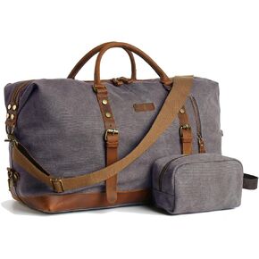 Duffle Bag for Men Travel Leather Canvas Weekender Bag Overnight Bag with Toiletry Bag (Black)