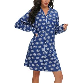 Tugege Nightgowns for Women Sleepwear V-Neck Button Down Night Shirt Long Sleeve Printed Pajamas Sleepshirts