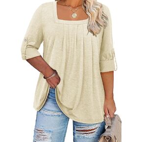 Siddhe Women Short Sleeve Plus Size Tunics, Square Neck Tops Casual Loose Fit T Shirt Blouse Summer 2024