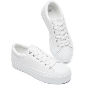 BABUDOG Womens Synthetic Leather Platform Sneakers,Non Slip White Platform Shoes,Lace-up Tennis Shoes for Women,Comfortable Casual Shoes