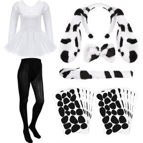 Halloween Girl Dalmatian Costume Set Includes Spotted Puppy Dog Ears, Headband, Bowtie and Tail Long Sleeved Tutu Skirt Black Stockings Cosplay (Kid Style, 2-3 Years)