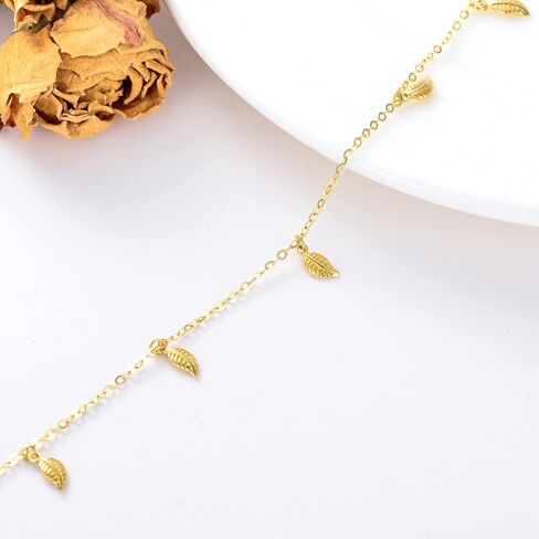 SISGEM 14K Real Gold Leaf Anklets for Women, Yellow Gold Beads Station Anklet Bracelet Tassel Double Foot Link Beach Anklets Anniversary Birthday Jewelry Gifts for Wife Girlfriend 8''+2'' in Saudi Arabia