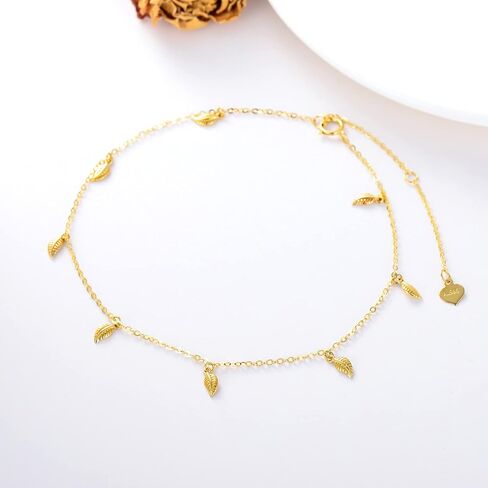 SISGEM 14K Real Gold Leaf Anklets for Women, Yellow Gold Beads Station Anklet Bracelet Tassel Double Foot Link Beach Anklets Anniversary Birthday Jewelry Gifts for Wife Girlfriend 8''+2'' in Saudi Arabia