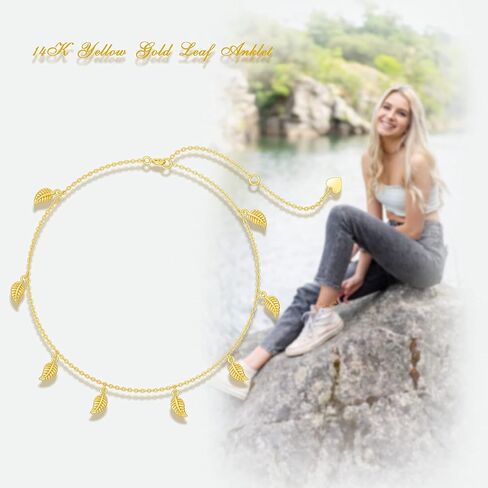SISGEM 14K Real Gold Leaf Anklets for Women, Yellow Gold Beads Station Anklet Bracelet Tassel Double Foot Link Beach Anklets Anniversary Birthday Jewelry Gifts for Wife Girlfriend 8''+2'' in Saudi Arabia